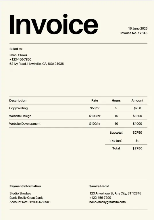 Beige Minimalist Typecentric Professional Invoice template probill