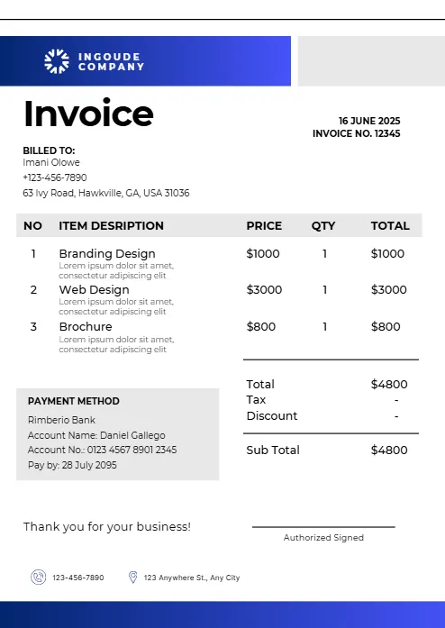 Blue and White Modern invoice templates probill