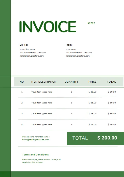 Green and White Professional Business Invoice templates