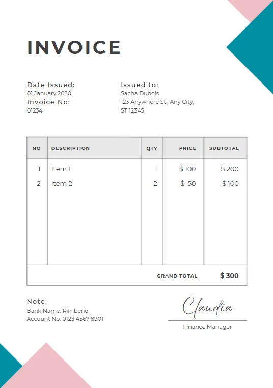 Pink And Teal Modern Minimalist Business Invoice