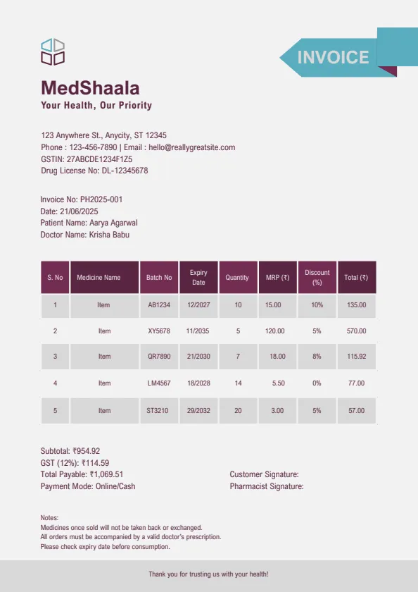 Plum And Teal Clean Medical invoice template probill