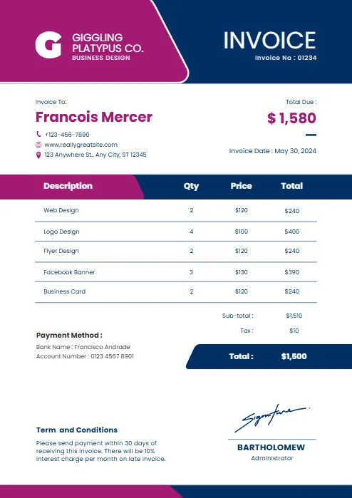 Purple and Blue Modern Business Invoice templates