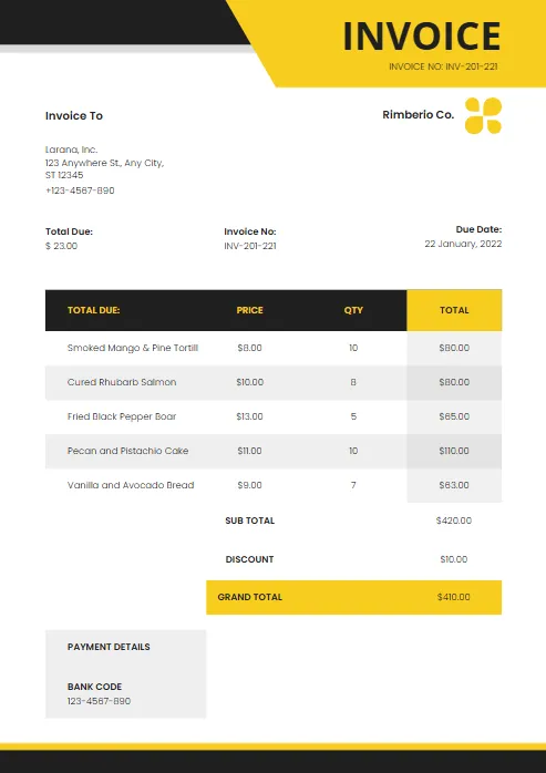 Yellow and Black Typographic Invoice templates