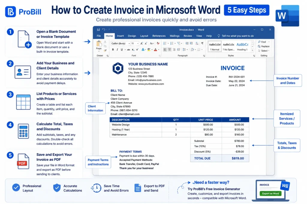 How to Create Invoice in Microsoft Word steps